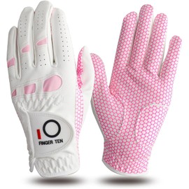 FINGER TEN Golf Gloves Ladies for Left and Right Hand with Non Slip Palm All Weather Soft in Pair,Women Golf Glove Rain Grip Weathersof Pro Color White Pink Size S M L XL (Medium)