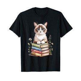 Snowshoe Cat Bookworm Flowers Book Reading Books T-Shirt