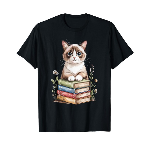 Snowshoe Cat Bookworm Flowers Book Reading Books T-Shirt