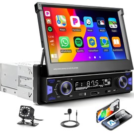 Single Din Flip Out Wireless Carplay Android Auto Car Radio with Bluetooth, 7 Inch Touch Screen Car Stereo MP5 Player, Mirror Link, FM/AM/RDS, EQ, USB/Type-C/Aux-in, Backup Camera/SWC/MIC
