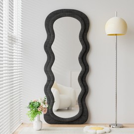 Dewfig Full Length Mirror, 63" x 24"Irregular Wavy Mirror, Large Floor Length Mirror Wall Mounted, Standing Wavy Mirror with Flannel Wrapped Wooden Frame for Bedroom/Living Room, Black