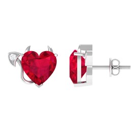 Certified Lab Grown Ruby Devil Earrings in Gold Plated Silver, AAAA Quality, Ruby Heart Studs - Ready To Gift, 925 Sterling Silver