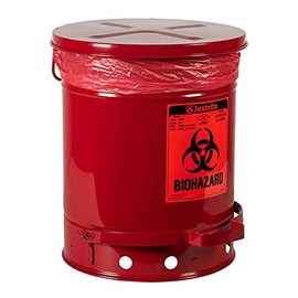 Justrite 05930R Steel Biohazard Waste Can, 10 Gallon Capacity, Red