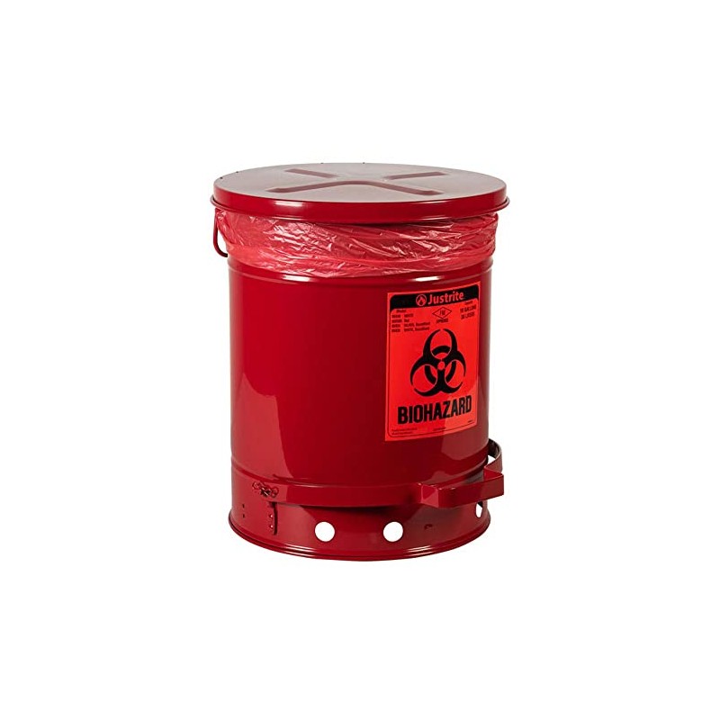 Justrite 05930R Steel Biohazard Waste Can, 10 Gallon Capacity, Red