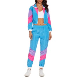 Women Retro 80s 90s 2 Piece Outfits Theme Party Track Suit Zipper Windbreaker Neon Joggers Set Vintage Costume (Blue, X-Large)