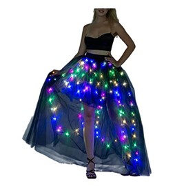 QooGoo Women Tulle Tutu Skirts,LED Light Up Long High Low Ruffles, Balck+smart Led, XX-Large