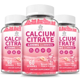 (3 Pack) Calcium Citrate Gummies 1200 mg for Adults, High Absorption Calcium Supplement for Women & Men, Sugar Free, Non-GMO, Gluten Free, Supports Muscle & Immune - Natural Peach Flavor