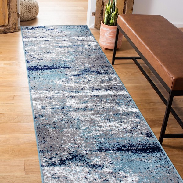 Rugshop Distressed Abstract Watercolor Runner Rug 2' x 7' Blue