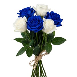 YGHSZ White & Blue Artificial Silk Roses Bouquet, Faux Flowers with Long Stems for Wedding Centrepiece, Grave Decor, Home Hotel Party Decoration