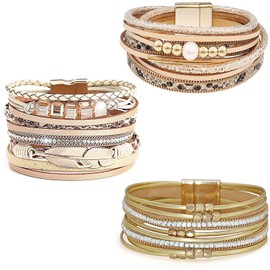 Wovanoo Leather Wrap Bracelet Set 3Pack Wrist Cuff Bracelet for Women Girls Multilayer Magnetic Clasp Bracelet Leopard Crystal Bracelet Gold