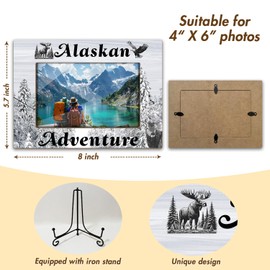 Wooden Alaska Adventure Picture Frame With Iron Stand, Photo Gifts For Women Men Couples, Gifts For Birthday Honeymoon Vacation, Insert 4*6 Picture Black and White Forest Design Horizontal -69
