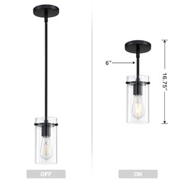 3 Pack 1 Light Indoor Mini Hanging Kitchen Island Modern Industrial Rod Pendant Ceiling Light Fixture,Black Finish Clear Glass Chandelier Shade for Bar Dining Room Over Sink