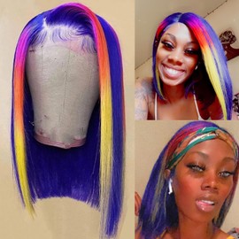 Msviki Rainbow Highlight Colored Bob Wigs Human Hair 13x4 UHD Transparent Lace Front Wigs For Women Blue Brazilian Remy Human Hair Wigs Preplucked Hair Line 180% Density 12inches