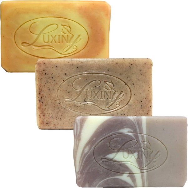 Natural Soap Bar, Luxiny 3 Pack Handmade Body Soap and Bath Soap Bar is a Palm Oil Free Vegan Castile Soap with Essential Oils for All Skin Types (Orange Patchouli, Patchouli Scrub, Rosemary Lavender)