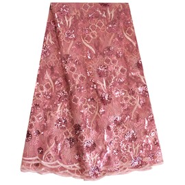 SanVera17 African Fabric 3D Sequins Net Fabrics Nigerian Embroidered Lace Fabric for Party Dress (Pink) 5 Yards