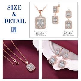 Yumilok Round Square Women 925 Sterling Silver women Jewelry Set Necklace Dangle Earrings for Bride Bridesmaid Cubic Zirconia rose gold