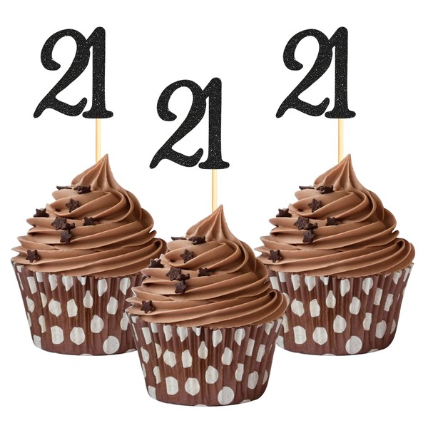 Sumerk 24PCS 21 Cupcake toppers Black Glitter 21th Birthday Cupcake