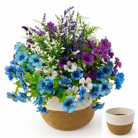 12 pcs Artificial indoor&outdoor Flowers with 8.6in Handmade Woven Cotton basket, UV Resistant Violet Lavender Flowers for All-Season Front Porch Garden Patio Home Decor (blue, white, purple)