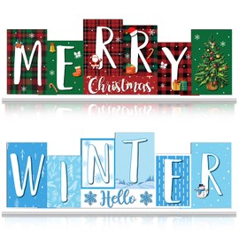 Reversible Christmas Winter Wooden Table Sign Double Side Winter Xmas Tabletop Decor Merry Christmas Tiered Tray Decor Hello Winter Wood Block Farmhouse Table Centerpiece for Home Mantle Shelf Party
