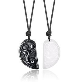 COAI Partner Necklace Made of Gemstones Dragon and Phoenix Engraved Pendant, Obsidian Obsidian White Jade, White Jade