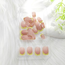 Press on Nails Short Square Fake Nails Nude Glue on Nails Green French Tip False Nails Glossy Nails Press ons Spring Acrylic Nails Artificial Stick on Nails for Women 24Pcs