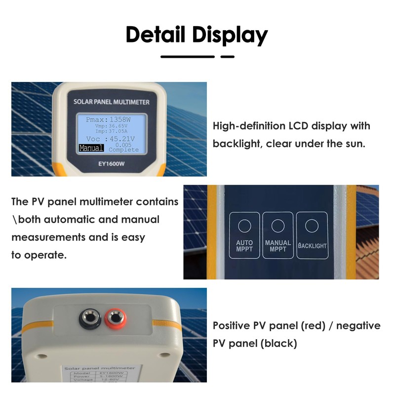 Solar Panel Tester, 1600W Photovoltaic Panel Multimeter Manual/Auto MPPT Tester