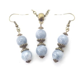 Set aus Ohrringen und Halskette aus Bronze mit Anhänger aus blauen Quarz-Perlen und tibetischen Perlen.