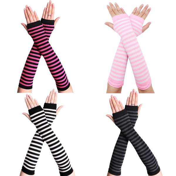 Scettar 4 Pairs Women's Long Fingerless Gloves, Striped Knitted Arm