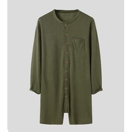 Mens Onesie Pajama Summer Rompers Long Sleeve Nightshirt Bodysuit Breathable Lightweight Comfty Jumpsuit with Short Pants Button Down Sleepsuit Nightgown Loungewear for Adult Green