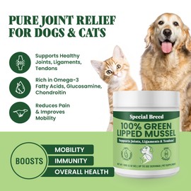 Green Lipped Mussel Powder for Dogs & Cats - 100% New Zealand Green Lipped Mussels - Natural Hip & Joint Supplement for Joints, Tendons, Ligaments, Muscles - 100 Grams - Up to 332 Servings
