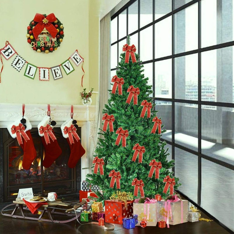 VINFUTUR 5pcs Large Christmas Bows Glitter Red Christmas Tree Decoration