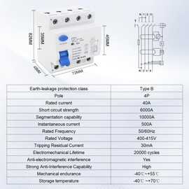FI Circuit Breaker 40 A 30 mA 4 Pole, Fi Circuit Breaker Type B, Residual Current Circuit Breaker, RCD 40 A 30 mA 4 Pole, All-Current Intensive Switch, Automatic Fuse