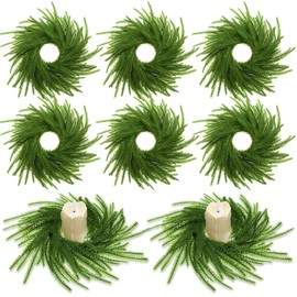 Yuefunny 8 Pcs Christmas Candle Rings Norfolk Pine Wreath 9.8 Inch Artificial Pillars Wedding Fall Candle Wreaths Green Garland Ornament for Xmas Holiday Wedding Farmhouse Table Centerpiece