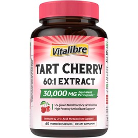 Vitalibre Tart Cherry Capsules, 500 mg Extract, Concentrated 60:1 Extract, 30000 mg Strength, Montmorency Tart Cherries, Uric Acid Balance, Sleep Support, Non-GMO, 60 Vegan Capsules