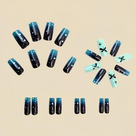 Medium Coffin Square Press on Nails Fake Nails Simple with Black Green Butterfly Design False Nails French Tip Stick on Nails Full Cover Thick Glossy Acrylic Glue on Nails for Women 24Pcs Y433