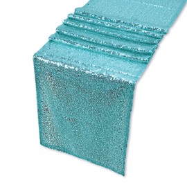 Trimming Shop 11x108 Inch Shimmer Sequin Table Runner Glitter Table Runner Overlay Sequin Table Linen Fabric for Dining Party Wedding Reception Banquet Table Decoration, Turquoise, 1pc