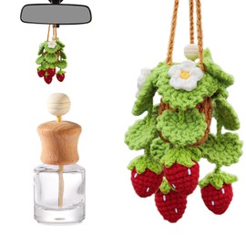 Crochet Car Air Freshener, Empty Refillable Oil Diffuser Bottle with Hanging Crochet Plant for Car Rearview Mirror Decor, Handmade Home and Office Decor (Strawberry)