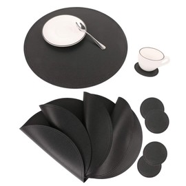 Manteles individuales y posavasos redondos de piel sintética, manteles de mesa de disco y posavasos de derrames de bebidas, fáciles de limpiar, doble costura para mesa de comedor de cocina, diámetro de 13 pulgadas y 3.9 pulgadas