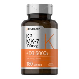 Suplemento Horbäach de vitamina D3 K2, 5000 UI, 180 g, cápsulas