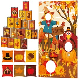 ShinyRelief 17 Pcs Fall Halloween Can Bean Bag Toss Game Set Thanksgiving Autumn Party Throwing Game Kit with Background and Toss Can Bean Bags for Kids Indoor Outdoor Party Accessory(Thanksgiving)