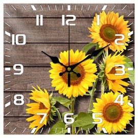 CHGCRAFT 12inch Sunflower Vintage Pattern Wall Clock Silent Wooden Square Wall Clock Battery Operated Rustic Farmhouse Wall Clock for Home Decor Living Room Kitchen Office