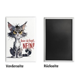 Ernste Katze – Bevor du frag du frast Nein Souvenir Souvenir Magnet Souvenir Magnet with Serious Cat Grey Fur Yellow Eyes and Questioning Facial Expression