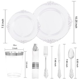 Morejoy 350PCS Clear Silver Plastic Plates - Silver Disposable Plates Include 50 Dinner Plates,50 Salad Plates,50 Forks,50 Knives, 50 Spoons，50 Cups, 50 Rolled Napkins for Wedding & Party