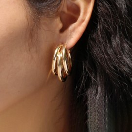 TseenYi Triple Open Hoop Earrings Gold Chunky Hoop Earrings Thick Post Split Hoop Earrings Chunky Round Hoop Earrings Geometric Exaggerated Earrings Jewellery for Women and Girls