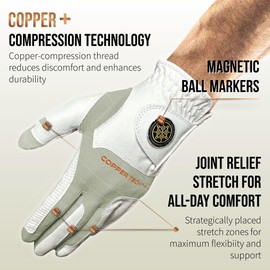Copper Tech Golf Gloves Men Right Handed Golfer or Left Handed Golfer (2nd Gen) | Copper Compression Joint Support Golf Glove (White/Khaki, Small, [Left Hand] for Right Handed Golfers)