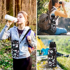 AUPET Water Bottle Sling Bag Sleeve Holder Carrier 25/32/40/64 oz,Insulated Crossbody Water Bottle Case Cover with Strap and Pockets for Men/Women Walking Hiking Camping (64oz, white flowers)