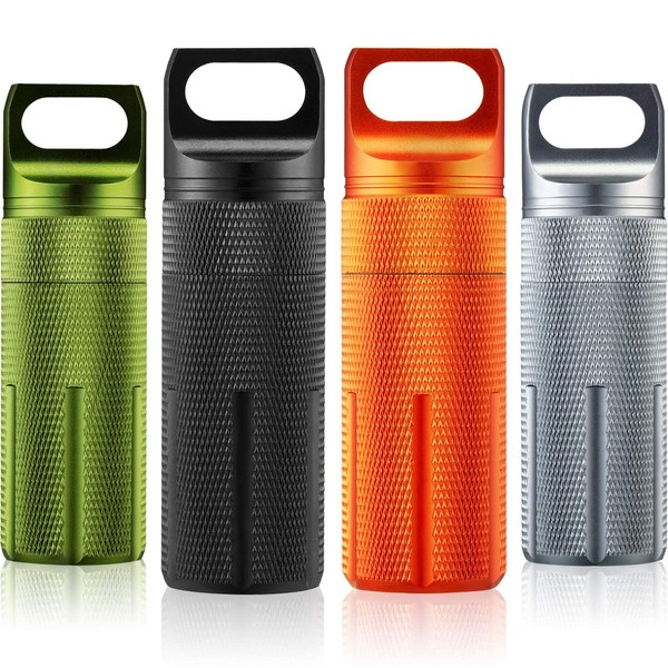 4 Pieces Portable Pill Case Waterproof EDC Pill Container Airtight Keychain Pill Case Travel Pill Bottle to Hold Supplements for Outdoor Camping Travelling (Black, Orange, Army Green, Gray)