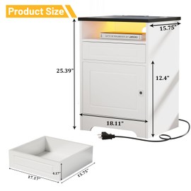 Night Stand with Fingerprint Lock, LED Nightstand with Charging Station, White Farmhouse Nightstands with Cabinet Storage, Wooden Bedside Table for Bedroom (Fingerprinter Cabinet)