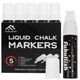 Fubullish Windows Markers for Car, 5 Pack Washable Glass Pen, 15mm Jumbo White Paint Liquid Chalk Markers for Auto, Chalkboard, Blackboard, Bistro, Menus and Any Non-Porous Surface
