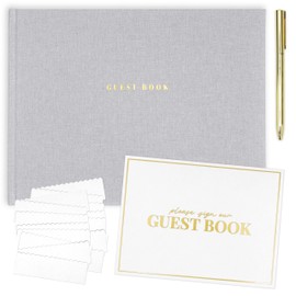 ELYN Linen Guest Book, Sign in Book for Wedding Reception, Birthday, Baby Shower & Events, Matching Gold Gel Pen, Photo Pockets & Table Sign, 80 Pages (Blank & Lined), Large, 11.5 in x 8.5 in (Grey)
